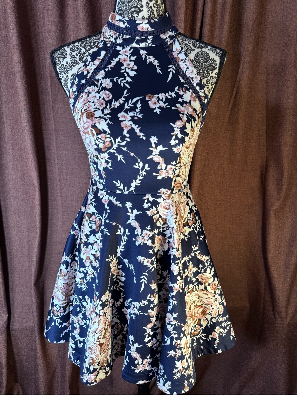 B. Darlin Floral Halter Fit & Flare Dress in Navy and Blush size 3/4